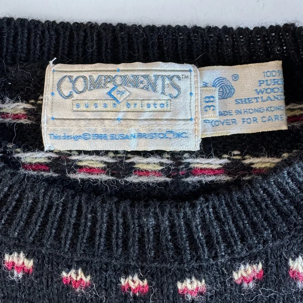 Vintage Susan Bristol Black Reindeer Plaid Wool Christmas Sweater Sz 38 Medium - Picture 6 of 11